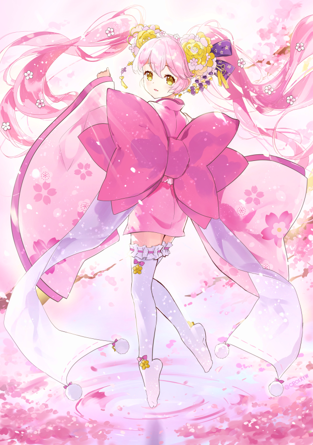 #compass, 1girl, back_bow, bow, cherry_blossoms, croix_(croixtw), crossed_bangs, dancing, floating_hair, flower, from_behind, full_body, hair_between_eyes, hair_flower, hair_ornament, japanese_clothes, kimono, long_hair, long_sleeves, looking_at_viewer, looking_back, pink_bow, pink_hair, pink_kimono, purple_bow, ribbon-trimmed_thighhighs, ribbon_trim, ririka_(#compass), short_kimono, solo, thigh-highs, twintails, very_long_hair, white_thighhighs, wide_sleeves, yellow_eyes, yellow_flower, zettai_ryouiki