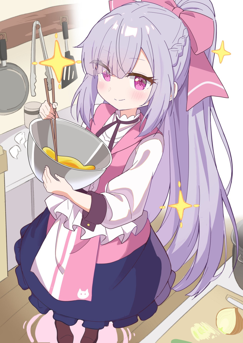 1girl, akure1129, apron, atelier_(tsuihousha_shokudou_e_youkoso!), blue_skirt, blush, bowl, braid