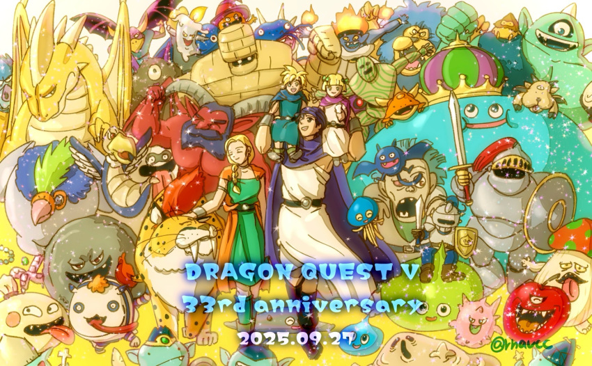 2boys, 2girls, anniversary, bianca_(dq5), black_hair, blonde_hair, blue_cloak, blue_hat