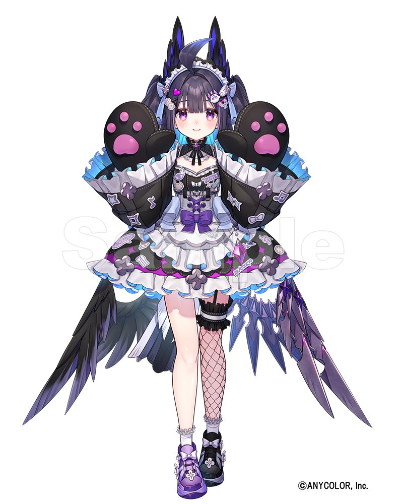 1girl, ahoge, bird_tail, black_dress, blue_hair, blush, decora, dress