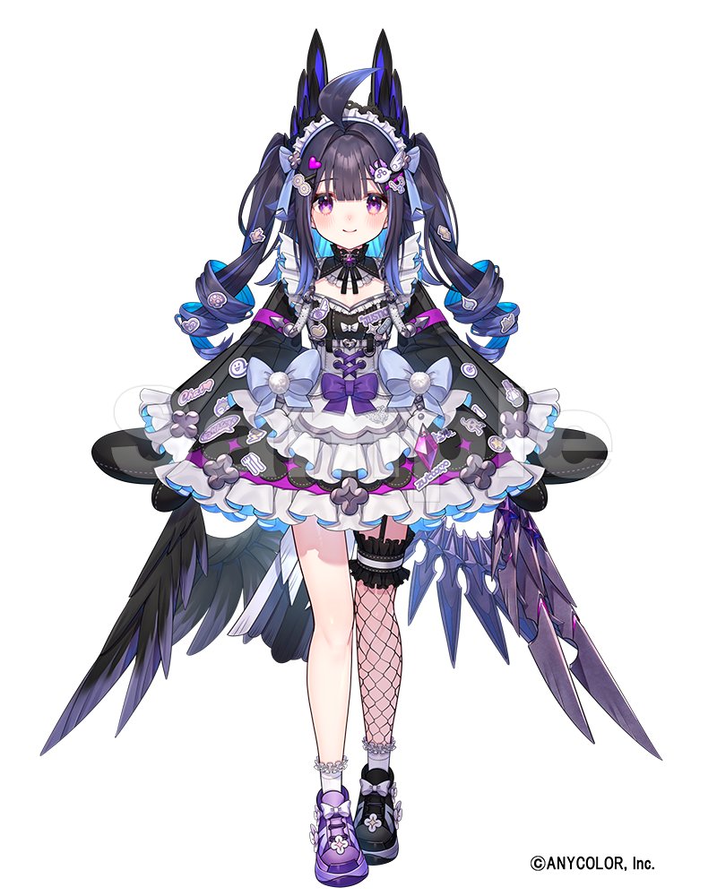 1girl, ahoge, bird_tail, black_dress, blue_hair, blush, decora, dress