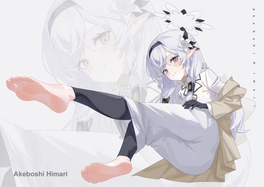 1girl, absurdres, barefoot, black_gloves, black_hairband, black_halo, blue_archive, blush