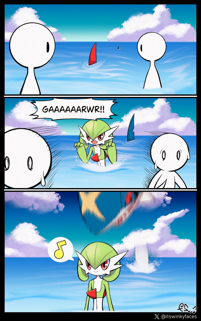 2others, absurdres, bob_cut, colored_skin, gardevoir, green_skin, hair_between_eyes, highres, motion_lines, multicolored_skin, multiple_others, musical_note, pokemon, pokemon_(creature), red_eyes, shark, sharp_teeth, sharpedo, short_hair, smile, speed_lines, spoken_musical_note, standing, teeth, two-tone_skin, water, white_skin, winkyfaces