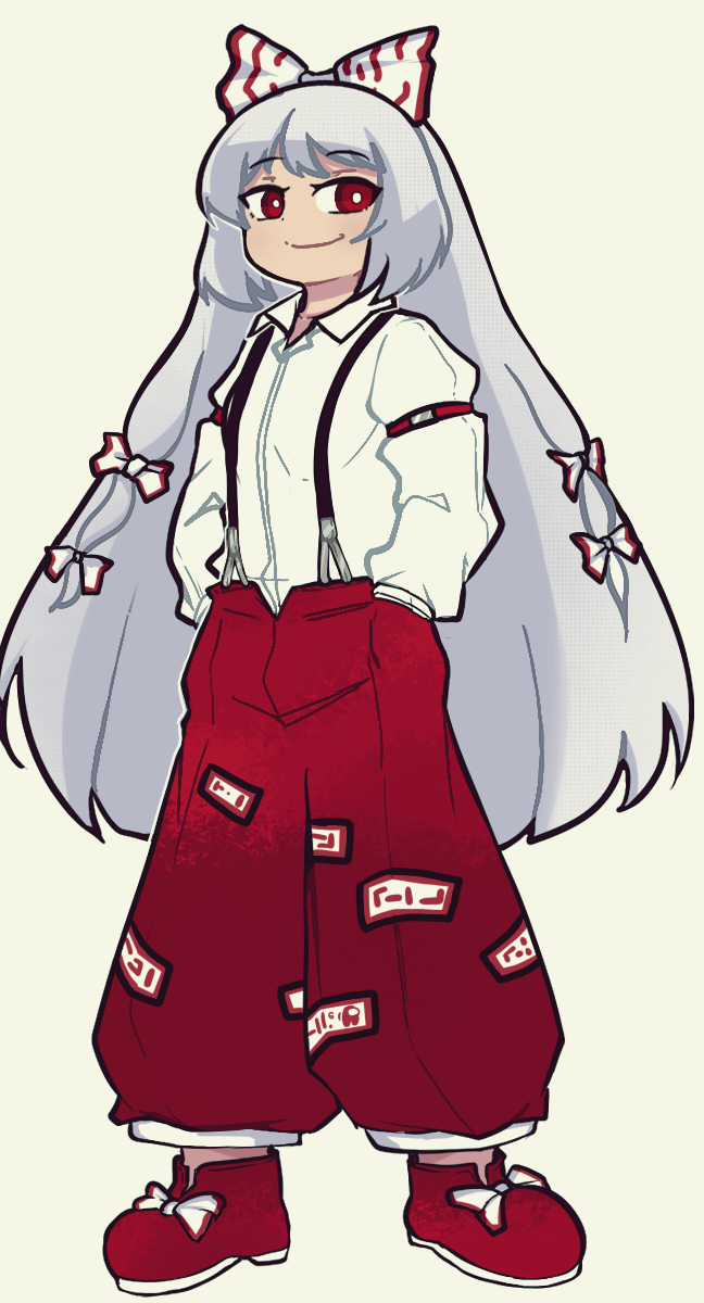1girl, boots, bow, dagger131134_(kama_astor), fujiwara_no_mokou, grey_hair, hair_bow, hair_ribbon