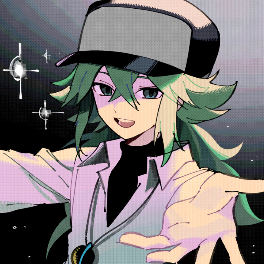 1boy, baseball_cap, collared_shirt, ebi_(shrimp_eleven), green_eyes, green_hair, hair_between_eyes, hat