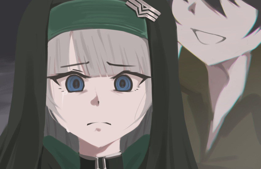 2girls, absurdres, arknights, blue_eyes, brown_hair, carmen_(project_moon), crying, highres