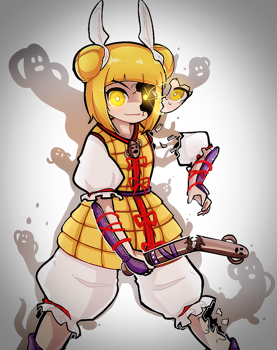 1girl, armor, armored_dress, blonde_hair, bloomers, broken_arm, broken_leg, dagger131134_(kama_astor)
