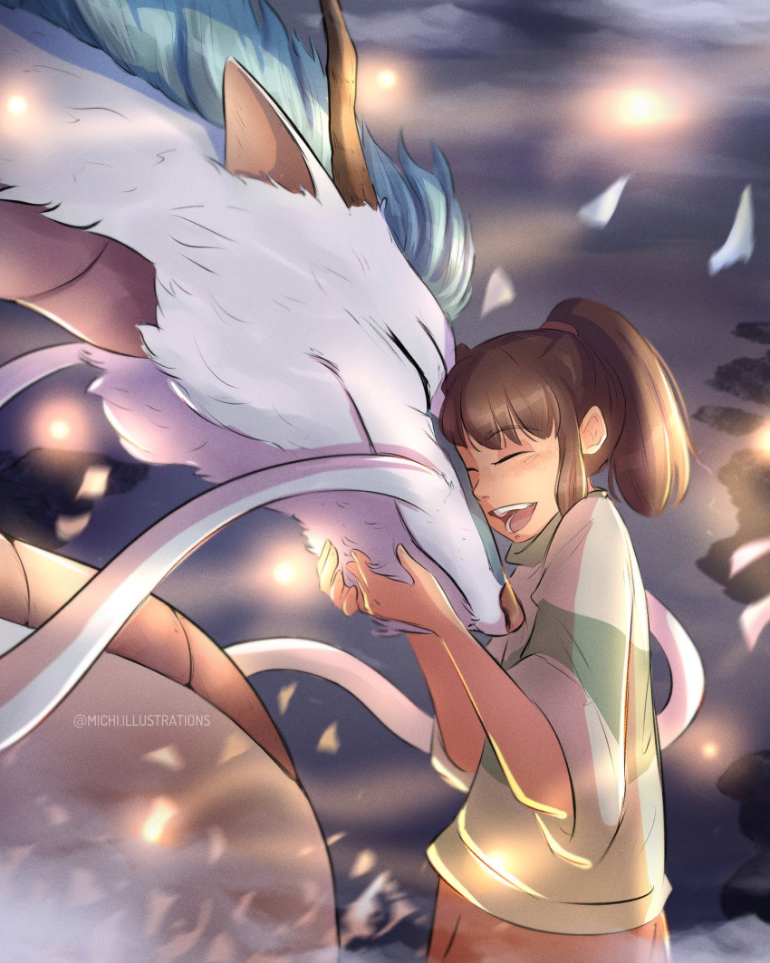 1girl, ^_^, blunt_bangs, blush, brown_hair, closed_eyes, commentary, dragon, eastern_dragon, eastern_dragon_horns, english_commentary, green_shirt, haku_(sen_to_chihiro_no_kamikakushi), highres, horns, hug, michela_fiori, ogino_chihiro, ponytail, sen_to_chihiro_no_kamikakushi, shirt, sidelocks, smile, t-shirt, twitter_username, whiskers