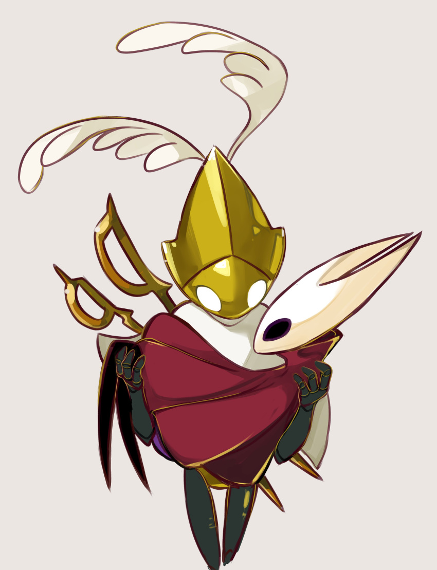 1girl, 1other, absurdres, arthropod_girl, arthropod_limbs, black_skin, carrying, cloak, colored_skin, commentary_request, cropped_legs, full_body, glowing, glowing_eyes, highres, hollow_eyes, hollow_knight, hollow_knight:_silksong, horned_mask, korean_commentary, looking_at_another, mask, no_humans, no_mouth, over_shoulder, princess_carry, red_cloak, red_knight_(thescarlknight), reverse_grip, second_sentinel_(hollow_knight), simple_background, sword, weapon, weapon_over_shoulder, white_background, white_cloak, white_eyes, white_mask