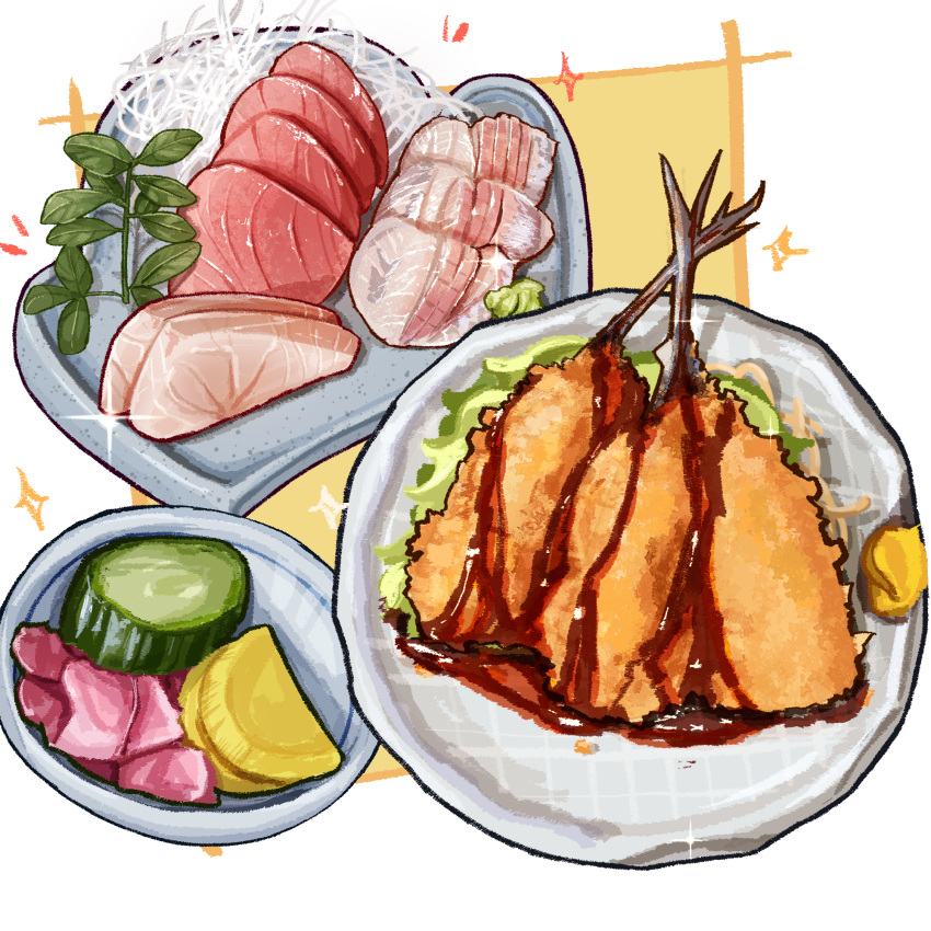 cucumber, cucumber_slice, fish_(food), food, food_focus, fried_horse_mackerel, highres, kaneko_ryou