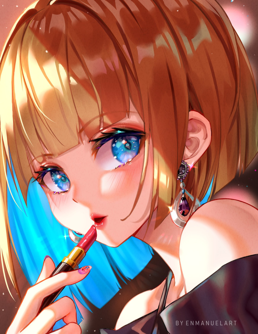 1girl, artist_name, bare_shoulders, blue_eyes, blue_hair, blunt_ends, blurry, blurry_background