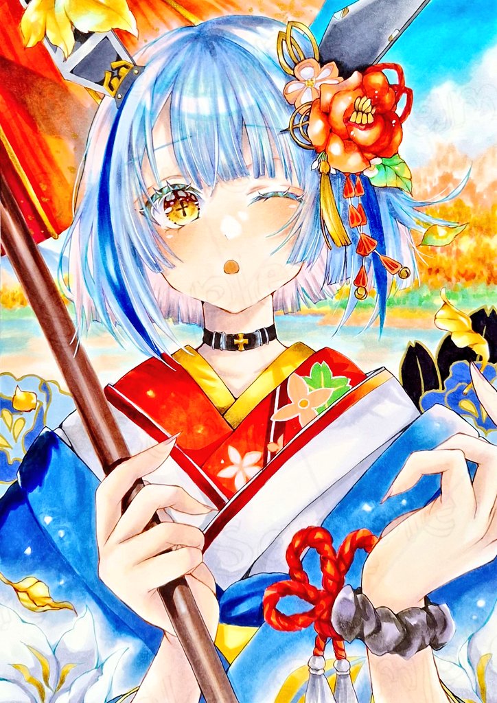 +_+, 1girl, azur_lane, black_choker, blue_hair, blue_kimono, choker, cross-shaped_pupils