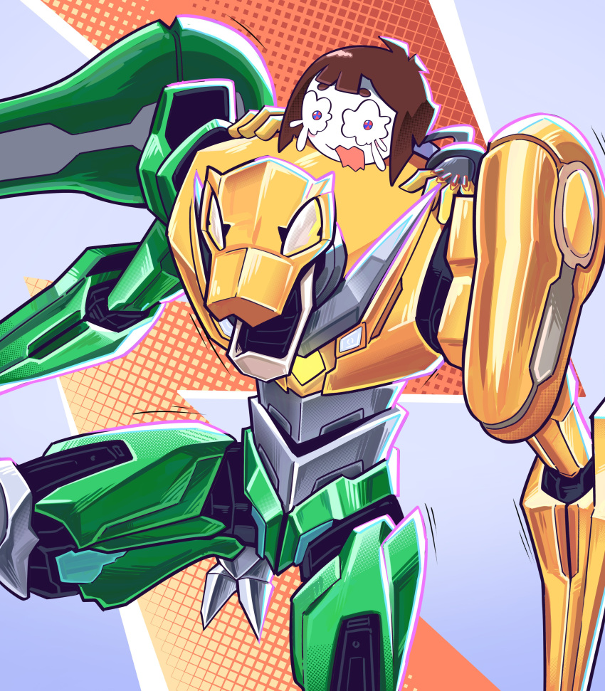 1boy, 1girl, absurdres, blue_eyes, blunt_ends, brown_hair, cosplay, crossover