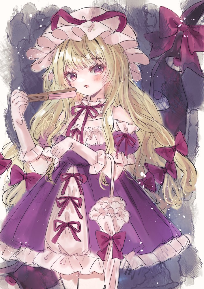 1girl, bare_shoulders, blonde_hair, blush, choker, commentary, dress, folded_fan