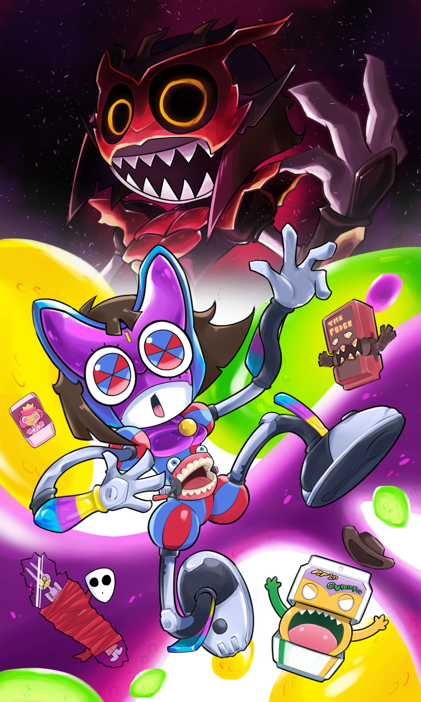 absurdres, armor, brown_hair, caine_(the_amazing_digital_circus), candy, candy_corn, chocodan_(brown_chocolate), commentary, cosplay, crossover, english_commentary, food, gangle_(the_amazing_digital_circus), gochizo, gummigoo, hebinalmeog, highres, jax_(the_amazing_digital_circus), kamen_rider, kamen_rider_bitter_gavv, kamen_rider_bitter_gavv_(cosplay), kamen_rider_bitter_gavv_(sparkingummy_form), kamen_rider_gavv, kamen_rider_gavv_(cosplay), kamen_rider_gavv_(poppingummy_form), kamen_rider_gavv_(series), looking_at_viewer, open_mouth, pomni_(the_amazing_digital_circus), poppingummy, poster_parody, princess_loolilalu_(the_amazing_digital_circus), purple_armor, red_armor, sharp_teeth, teeth, the_amazing_digital_circus, the_fudge_(the_amazing_digital_circus), tokusatsu