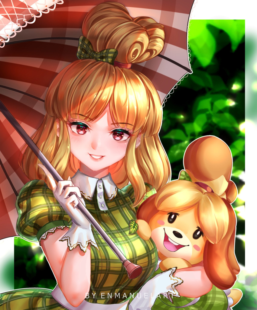 2girls, animal_crossing, artist_name, black_eyes, blonde_hair, blurry_border, bow, breasts