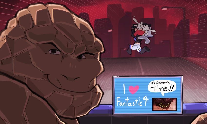 1boy, 1girl, asgore_running_over_dess_(meme), asymmetrical_gloves, ben_grimm, black_boots, black_eyes, black_gloves