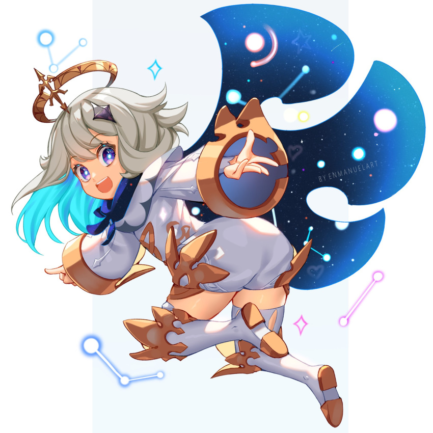 1girl, artist_name, blue_cloak, blue_eyes, blue_hair, blue_neckerchief, boots, bright_pupils