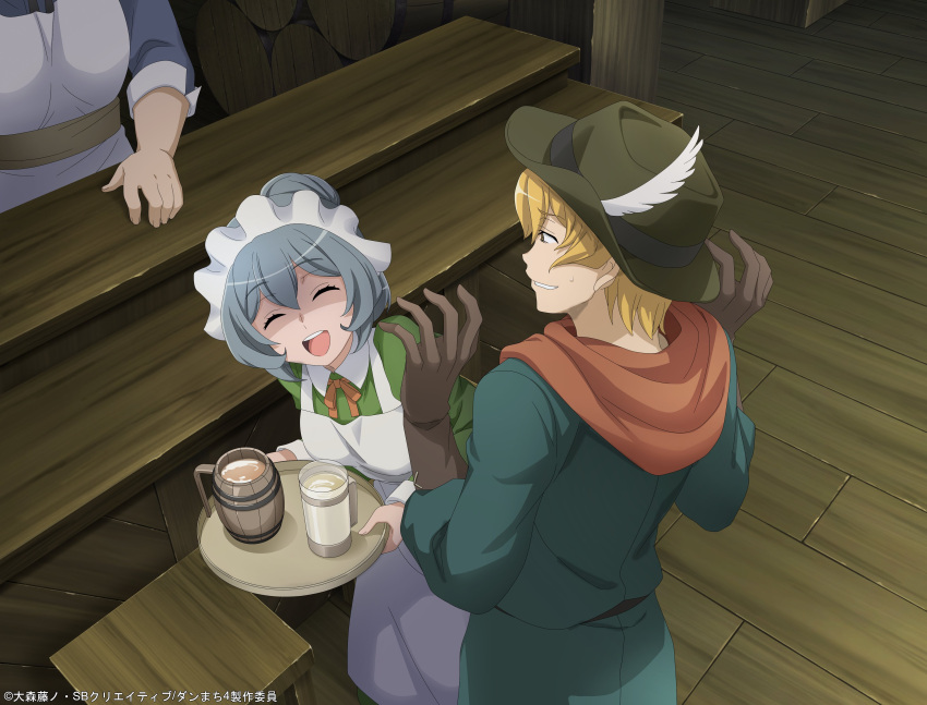 1boy, 2girls, :d, absurdres, anime_coloring, ascot, blonde_hair, breasts