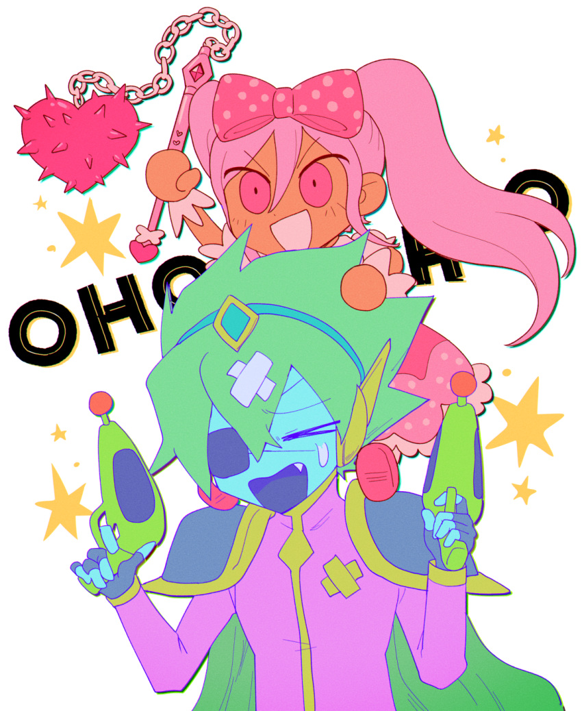1boy, 1girl, arm_up, bandaid, bandaid_on_head, black_gloves, blush, bow