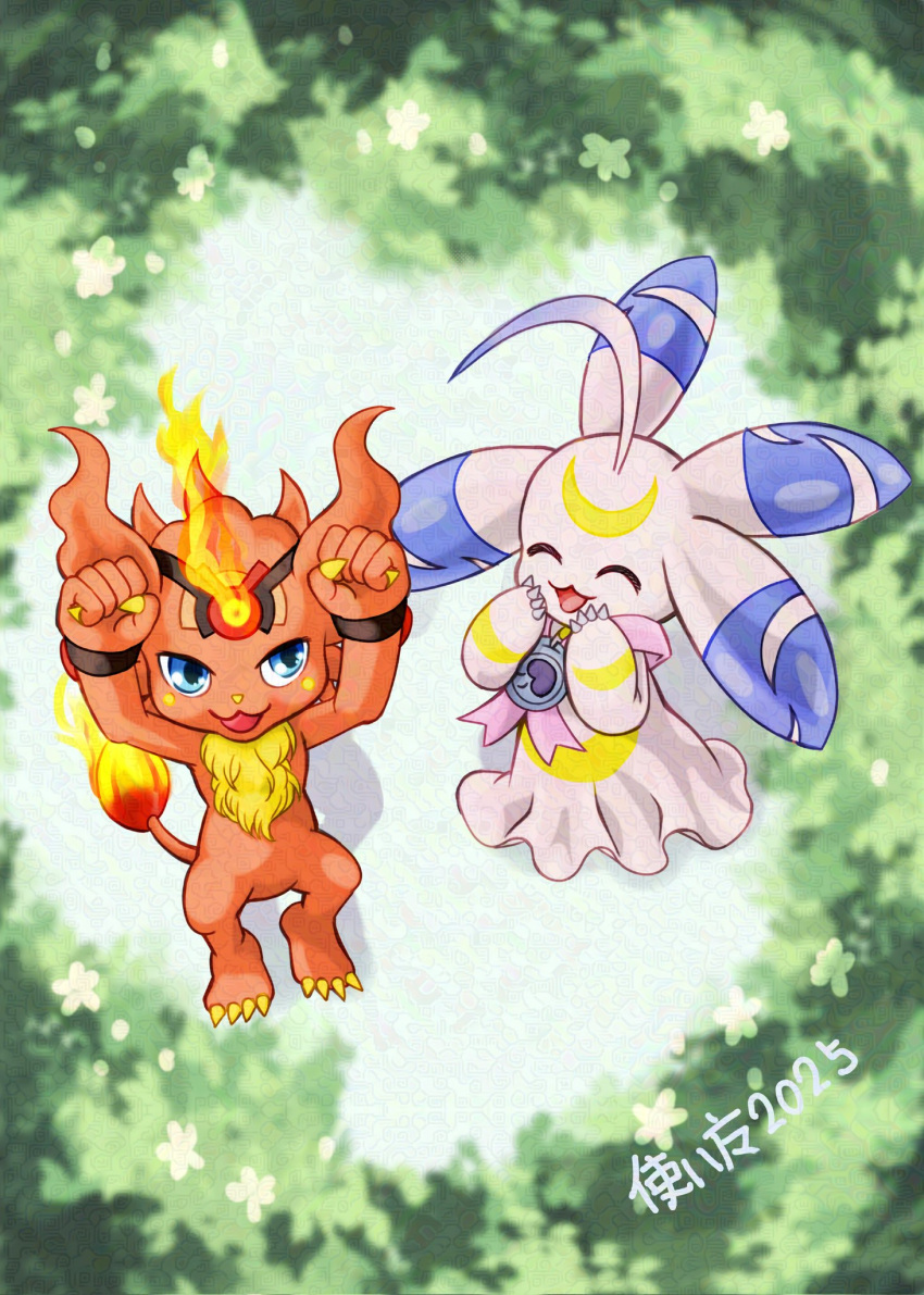 blue_eyes, blurry, blurry_background, coronamon, crescent, digimon, digimon_(creature), fire