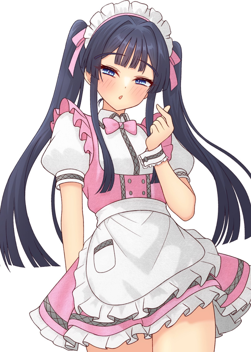 1girl, 82k_mugi, alternate_hairstyle, apron, black_hair, blue_eyes, blush, cowboy_shot, dress, hand_up, highres, idolmaster, idolmaster_million_live!, idolmaster_million_live!_theater_days, long_hair, looking_at_viewer, maid_headdress, mogami_shizuka, official_alternate_costume, pink_dress, pretty_waitress_(idolmaster), puffy_short_sleeves, puffy_sleeves, short_sleeves, simple_background, solo, standing, twintails, waist_apron, white_apron, white_background, white_wrist_cuffs, wrist_cuffs