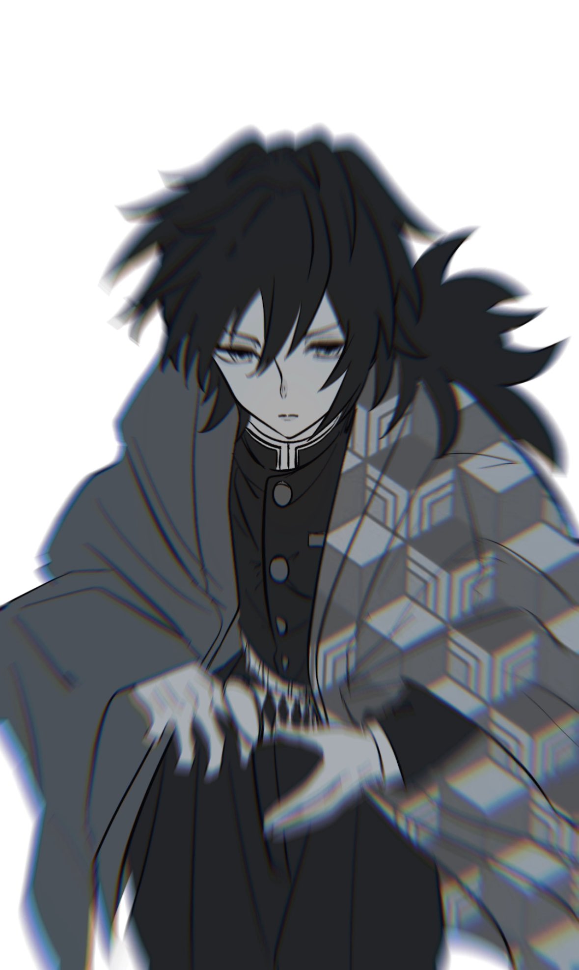 1boy, black_hair, black_jacket, black_pants, buttons, demon_slayer_uniform, greyscale, haori, high_collar, highres, jacket, japanese_clothes, katana, kikkoumon, kimetsu_no_yaiba, looking_at_viewer, low_ponytail, male_focus, monochrome, nim0no_kbut, pants, ponytail, print_haori, running, simple_background, solo, spiky_hair, sword, tomioka_giyuu, weapon, white_background