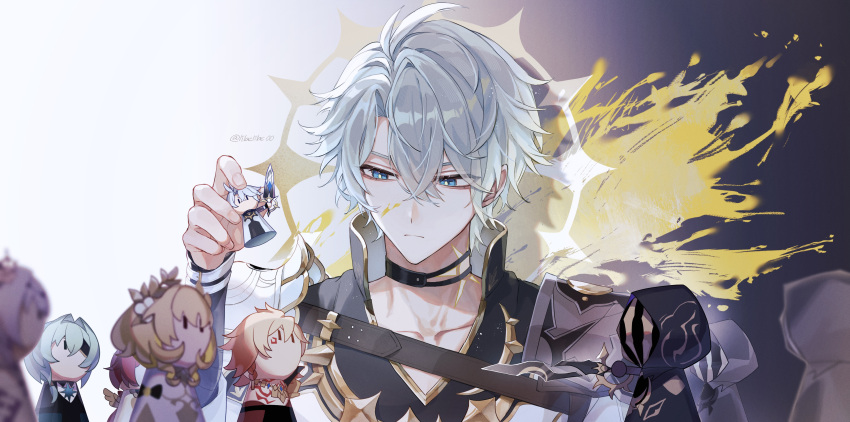 1boy, absurdres, aglaea_(honkai:_star_rail), anaxa_(honkai:_star_rail), antenna_hair, black_choker, black_shirt, blood