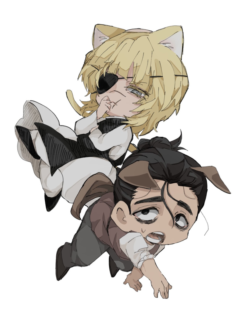 2boys, animal_ears, badeni, bags_under_eyes, black_hair, black_shoes, black_tunic, blonde_hair