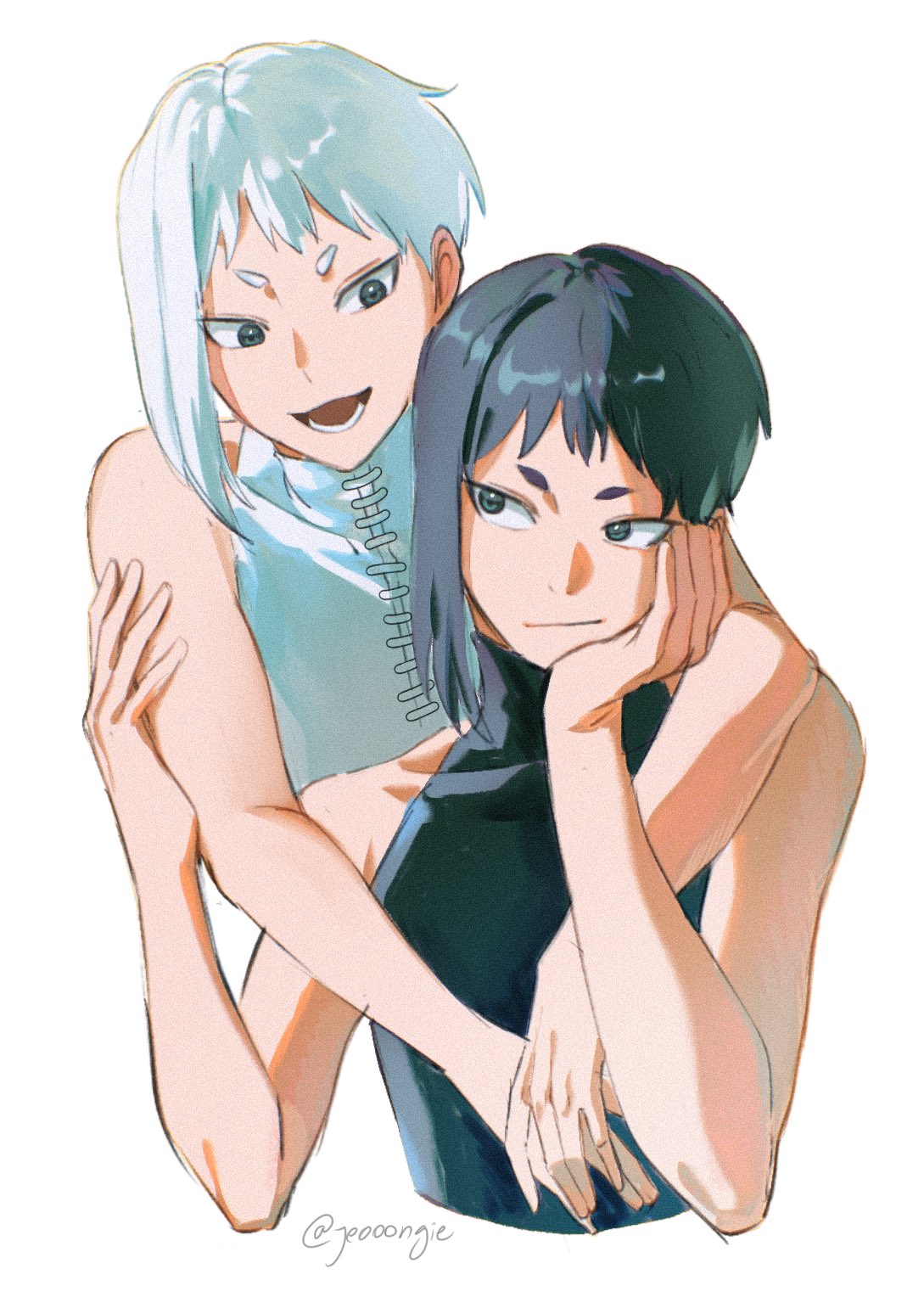 2boys, asagiri_gen, black_bodysuit, black_hair, blue_eyes, bodysuit, dr._stone, highres, holding, jeooongie, multiple_boys, open_mouth, short_hair, sleeveless, smirk, white_background, white_bodysuit, white_hair