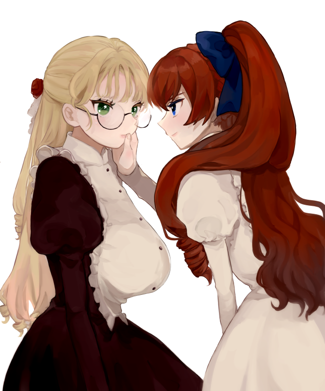 2girls, annelise_flagellum_(niboshi), apron, black_dress, blonde_hair, blue_bow, blue_eyes, borrowed_character