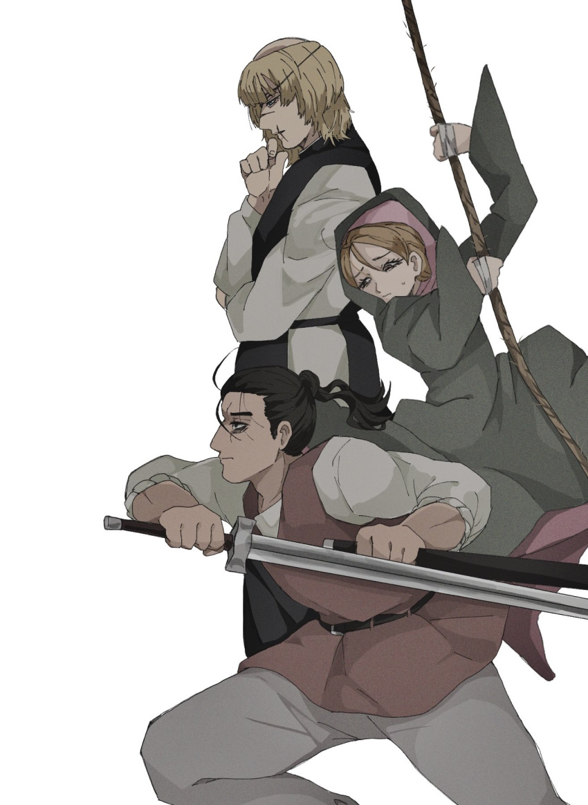 1girl, 2boys, badeni, bags_under_eyes, belt, black_belt, black_hair, black_tunic