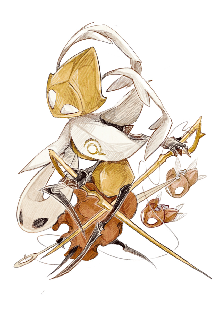 1girl, 1other, absurdres, arthropod_girl, cloak, cogfly_(hollow_knight), dual_wielding, fioco_virus