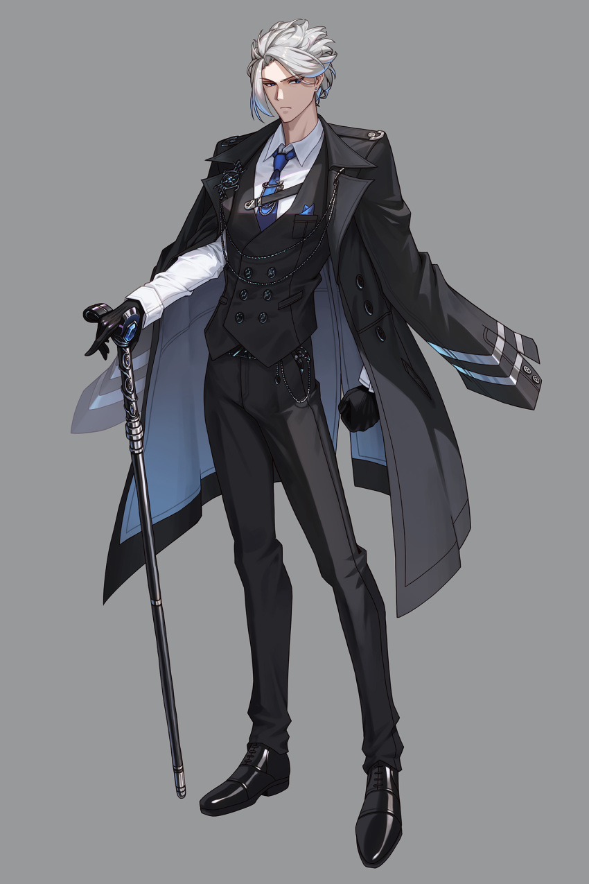 1boy, black_gloves, black_jacket, black_pants, black_shoes, blue_necktie, bowlp, buttons