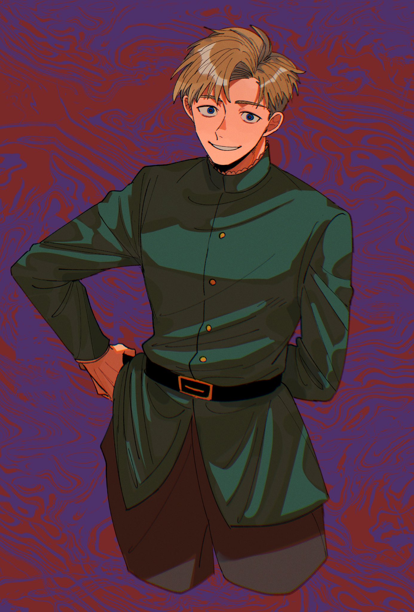 1boy, arm_behind_back, belt, belt_buckle, black_belt, black_pants, blonde_hair, buckle