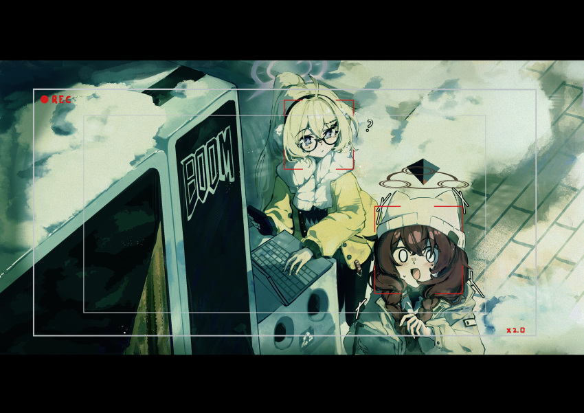 0_0, 2girls, :d, ?, absurdres, beanie, blonde_hair, blue_archive