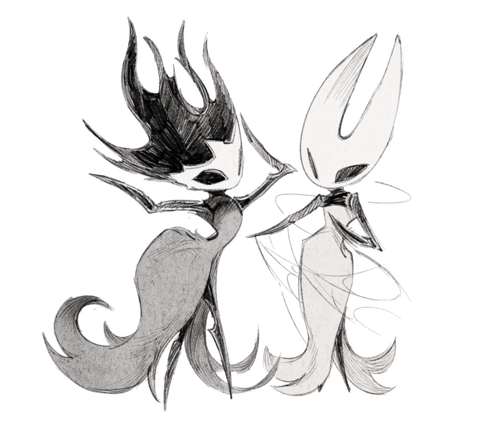 1girl, 1other, alternate_costume, arthropod_girl, dress, fioco_virus, greyscale, hollow_eyes
