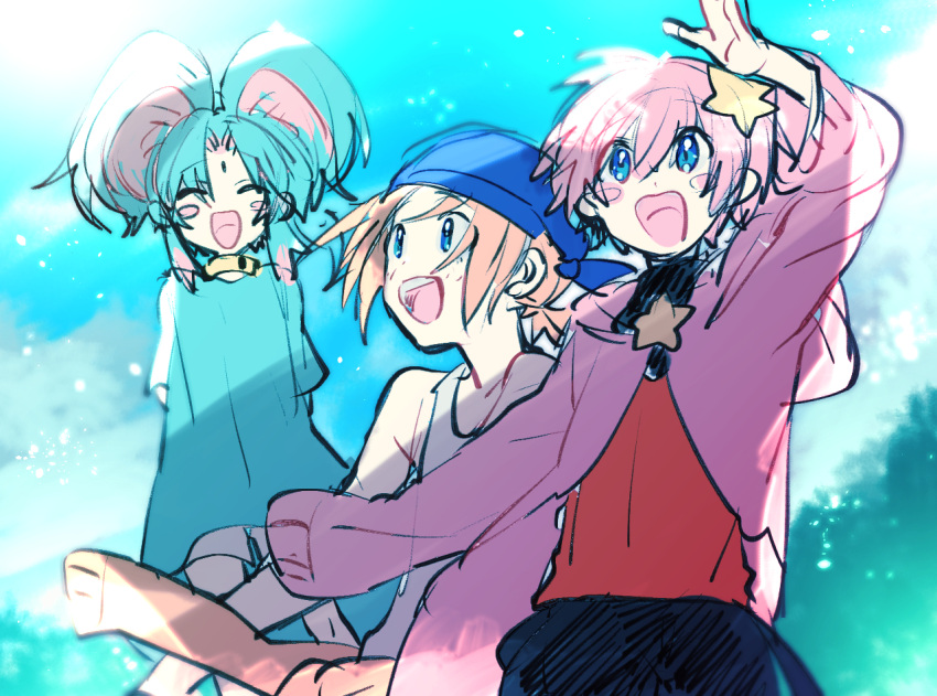 3boys, animal_ears, bandana, bandana_waddle_dee, blue_bandana, blue_eyes, blush_stickers, elfilin