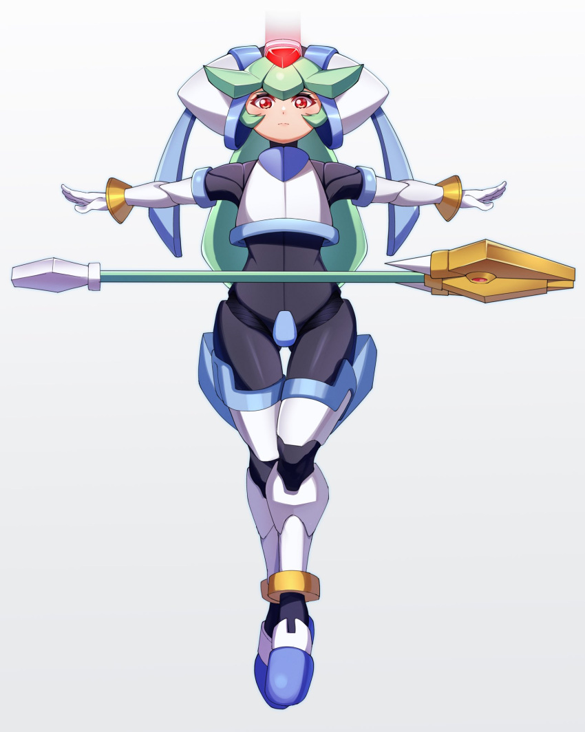 1girl, armor, bonoshii, crotch_plate, forehead_jewel, full_body, green_hair, helmet