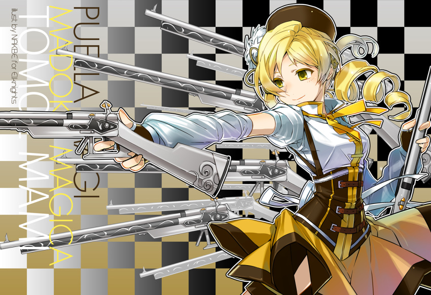 artist_name, beret, blonde_hair, character_name, checkered, checkered_background, corset, detached_sleeves