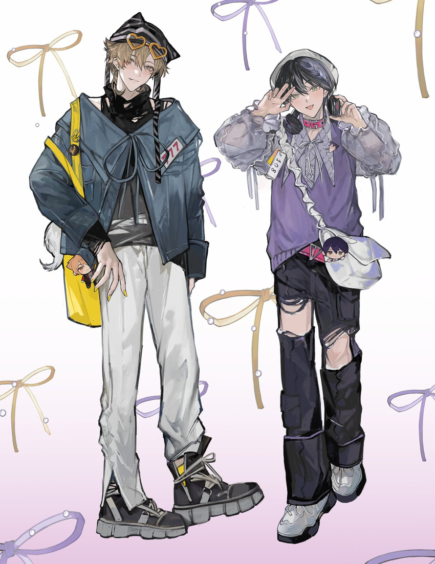 2boys, adjusting_headphones, alternate_costume, bag, belt_collar, black_hair, black_pants, black_shoes