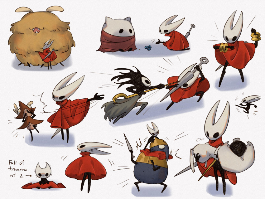 1boy, 1other, 2girls, absurdres, aged_down, arrow_(symbol), arthropod_boy, arthropod_girl, carrying, carrying_person, chakram, child, cloak, commentary, dice, english_commentary, english_text, fighting, grindle_(hollow_knight), highres, holding, holding_weapon, hollow_eyes, hollow_knight, hollow_knight:_silksong, horned_mask, hornet_(hollow_knight), hug, huge_flea_(hollow_knight), lace_(hollow_knight), lumble_(hollow_knight), mask, multiple_girls, needle_(hollow_knight), phantom_(hollow_knight), pin_(hollow_knight), puff_of_air, red_cloak, revolutionary_lab670, slapping, wardenfly_(hollow_knight), weapon, white_mask