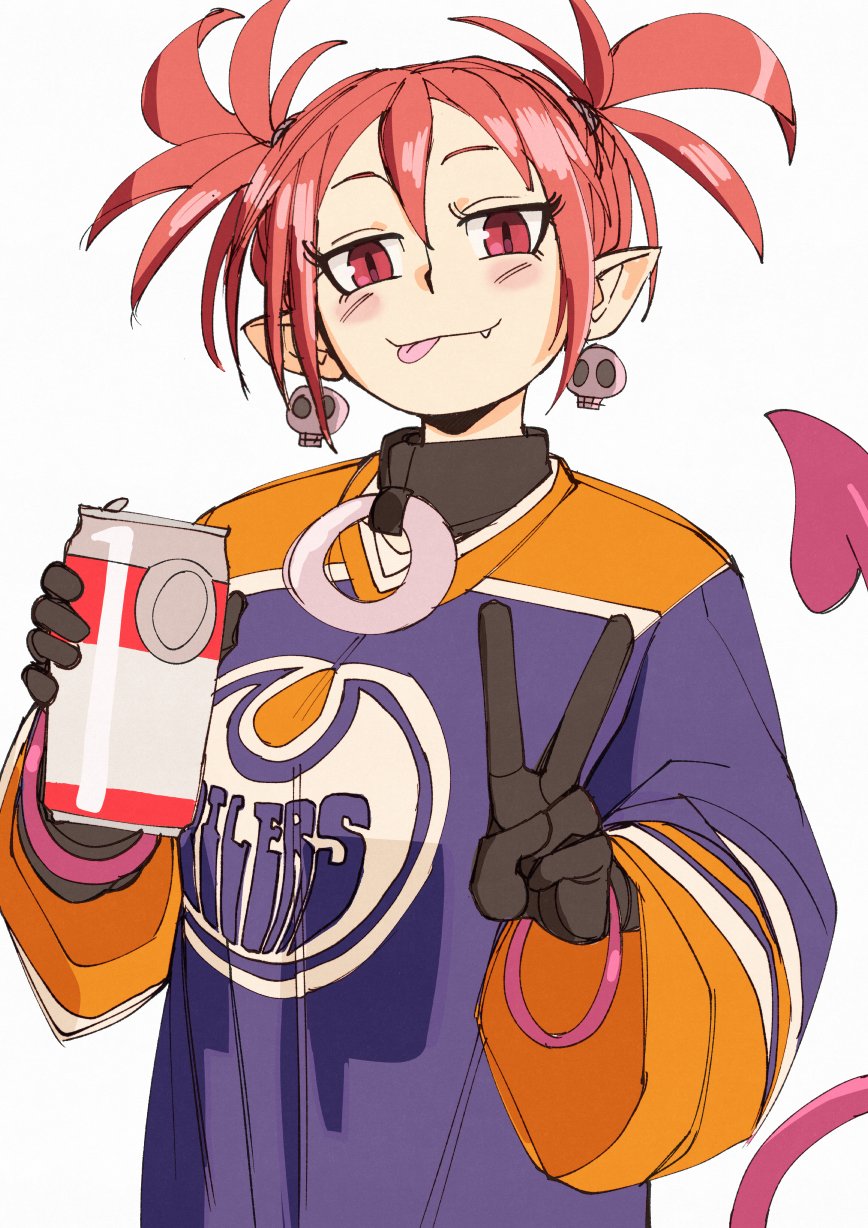 1girl, 3amsoda, black_gloves, blush, bracelet, can, choker, demon_girl