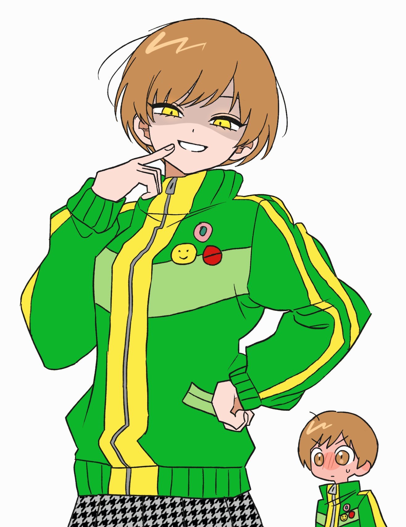 2girls, blush, brown_eyes, brown_hair, closed_mouth, commentary, dual_persona, green_jacket