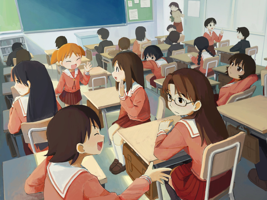 5boys, 6+girls, azumanga_daioh, azumanga_daioh's_school_uniform, classroom, highres, kagura_(azumanga_daioh), kaori_(azumanga_daioh)