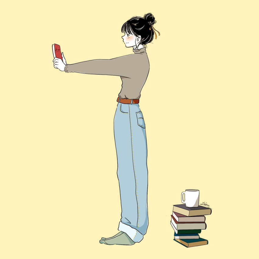 1girl, belt, black_hair, blue_pants, blush, book, book_stack, brown_belt