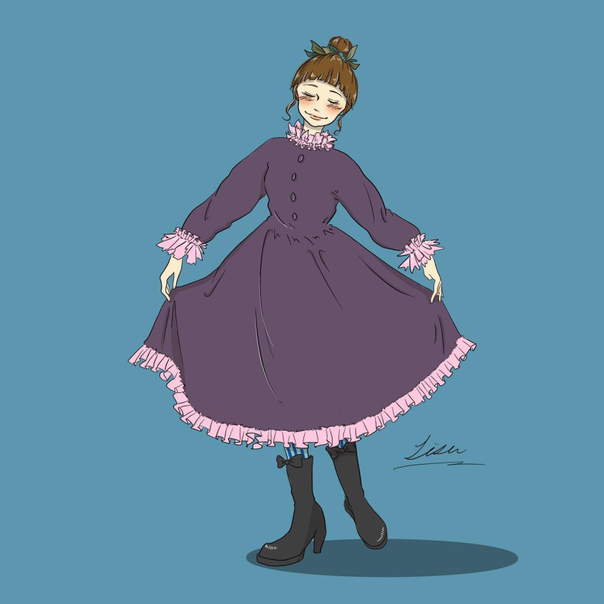 1girl, arched_bangs, artist_name, black_boots, black_bow, blue_background, blue_pantyhose, blush