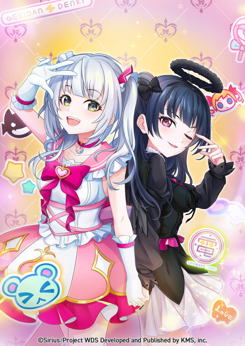 2girls, black_hair, blunt_bangs, bow, choker, dress, genjitsu_no_yohane, gloves