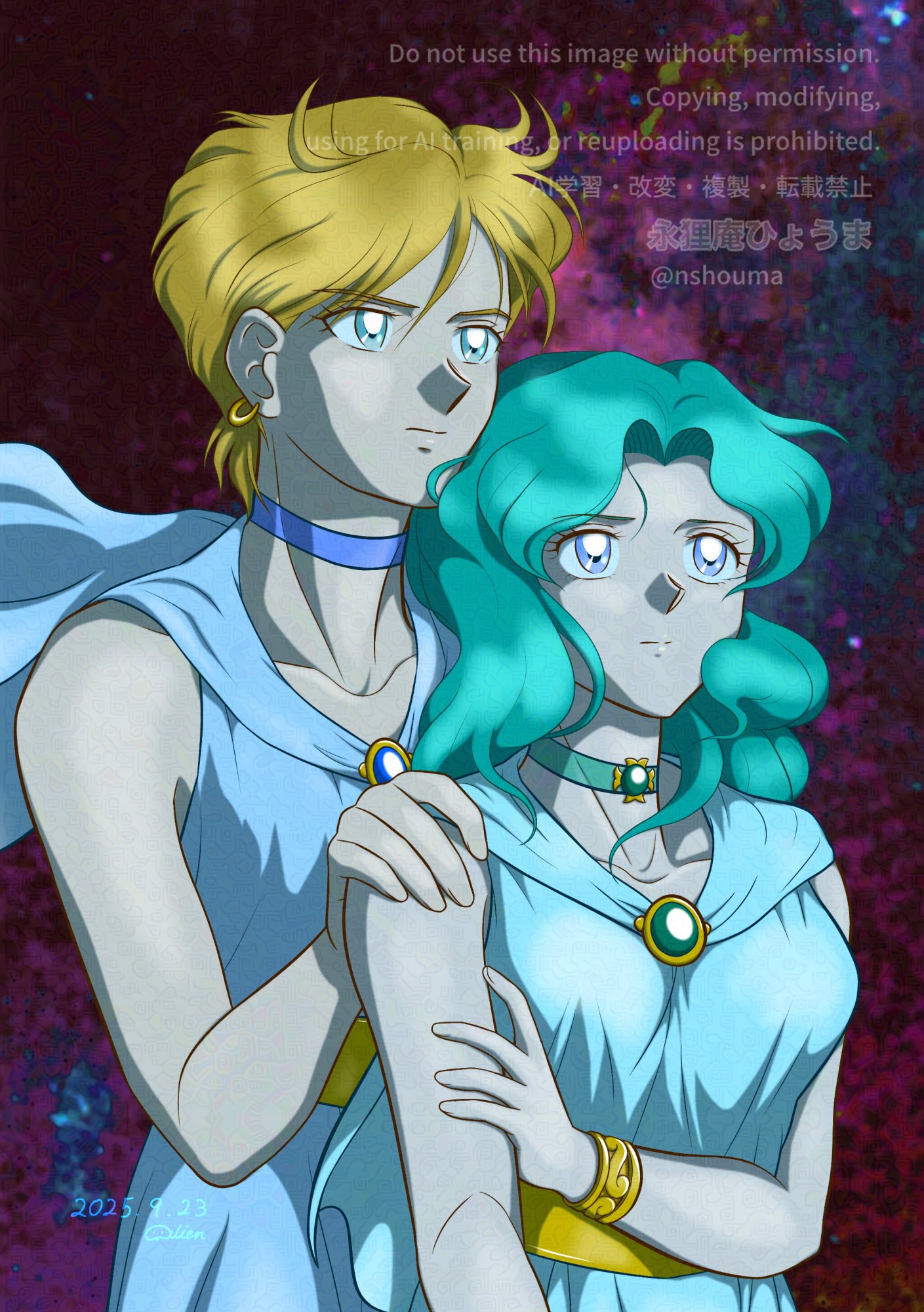 2girls, adapted_costume, ancient_greek_clothes, aqua_choker, aqua_gemstone, aqua_hair, bishoujo_senshi_sailor_moon, blonde_hair