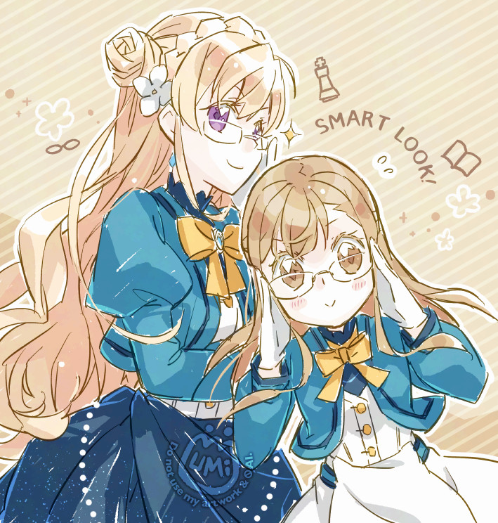 2girls, :>, adjusting_eyewear, aqua_jacket, blonde_hair, blue_skirt, blush, breasts